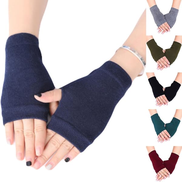 Fingerless Gloves Stretchy Knitted Thumbhole Mittens Solid Color Short Hand Warmers 4