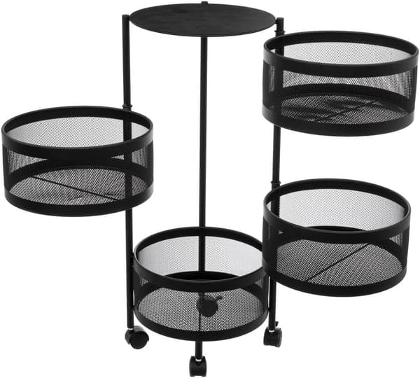 Pyöreä pyörivä säilytysteline - Keittiöteline 4 pyörivällä korilla pyörillä mustaa metallia K 76 cm