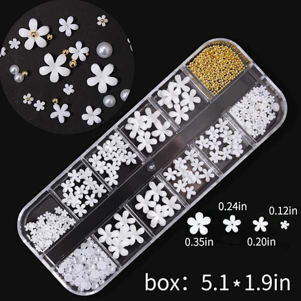 3D Blommiga Nagelkonst Berlocker Set Glitter Vita Blommor Pärla Nagelkonst Gyllene Kaviar Pärlor Nagel Dekoration Akryl Nagelkonst Stud Nagel