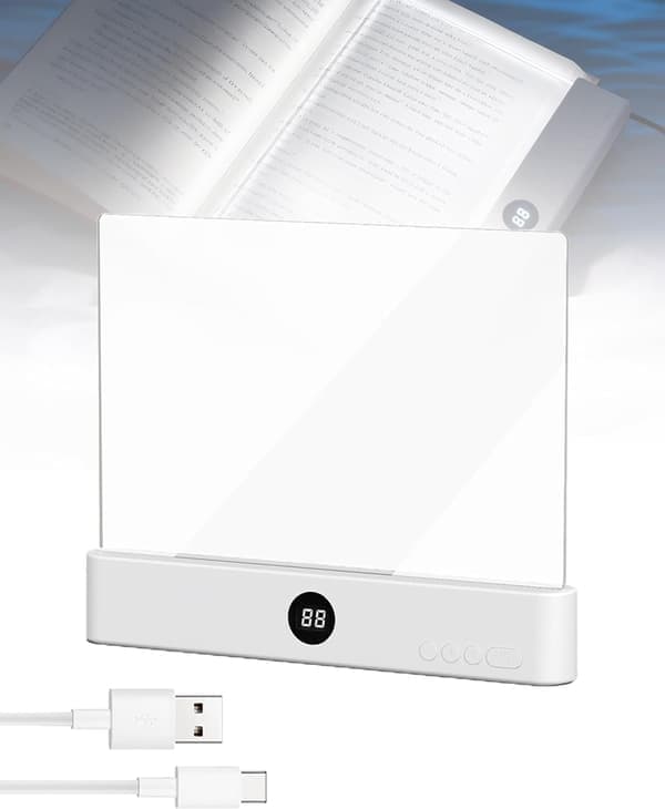 Rechargeable Transparent LED Flat Reading Light, Dimmable Full Page Panel Light with Book Clip, Three Color Modes and Timer. White White