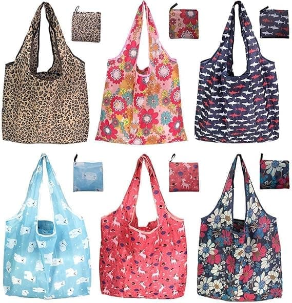6-pak genanvendelige indkøbsposer, miljøvenlige foldbare indkøbsposer, 6 designs store, holdbare, vaskbare poser