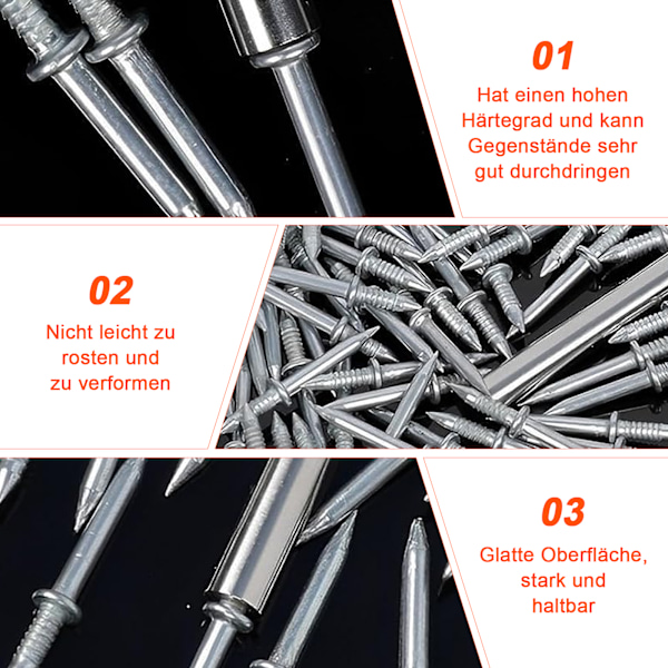 Paket med 100 spikar med dubbelsidig basgänga, med 1 förpackning av ett spikspecifikt hylsverktyg, spik för socklar utan märken, osynlig säkerhet