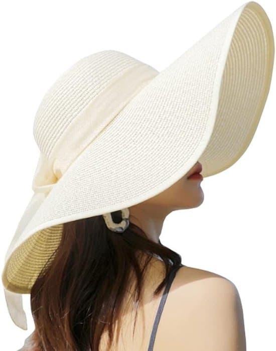 Solhat – Sammenfoldelig solhat til kvinder – Bredskygget strandhat – Sommerstråhat – Hovedomkreds 56–60 cm – Cremhvid