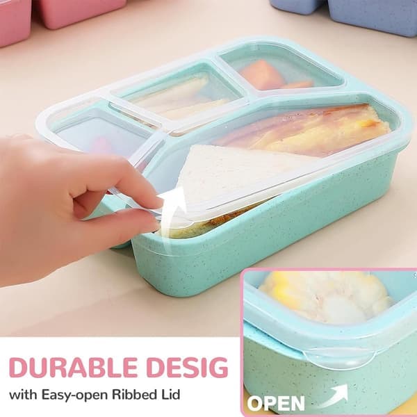 Four-piece BPA-free lunch box with five compartments Includes spoon and fork Portion control Reusable for school, work, and picnic Stackable Compact