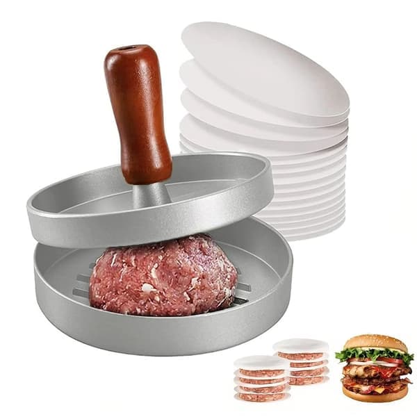 Hamburgerpresse i rustfritt stål Hamburgerpresse Form Trehåndtak Non-stick med 100 Patty Papers