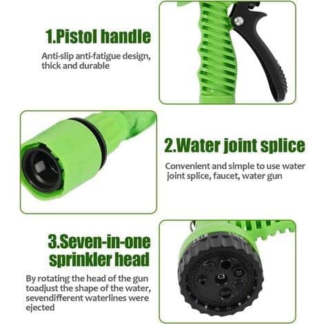 60m Flexible Garden Hose - Retractable with 7 Spray Gun Functions - Safe Materials - For Car and Pet Cleaning