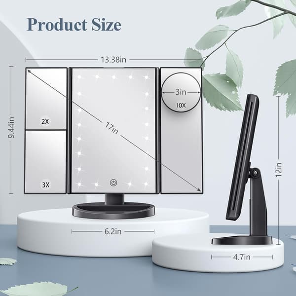 A makeup mirror with built-in light with 2x, 3x, and 10x magnification, touch controls, a tri-fold design, and dual power supplies. Black
