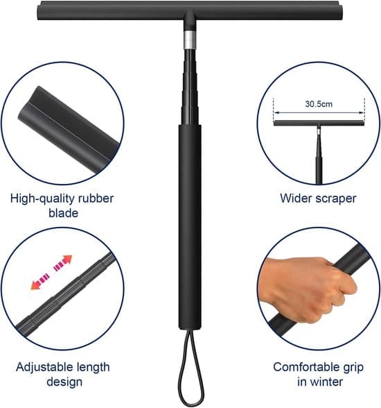 Improved Shower Squeegee with Removable and Extendable Handle - Glass and Tile Cleaner for Bathroom Doors and Walls Includes 2 Self-Adhesive Hangers