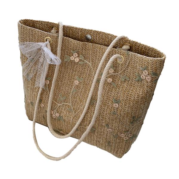 Kvinnor Båge Blomformad Dekor Handväska Uppfriskande Elegant Halmvävd Axelväska, Khaki