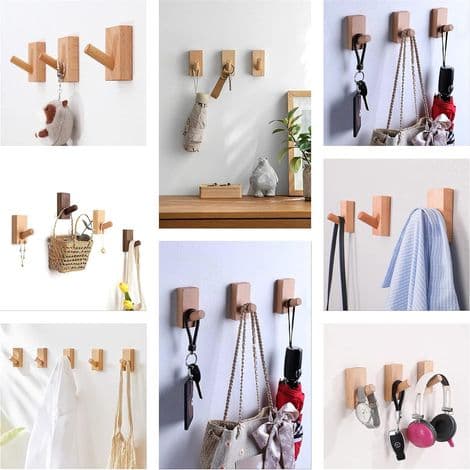 Wall Mounted Wooden Coat Rack, Self-Adhesive Wall Hook, Coat Hooks for Hallway, Kids' Coat Hook, Wall Mounted Coat Hook (4 Pieces)