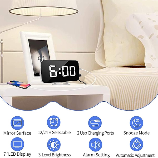 Digital väckarklocka, väckarklockor för sovrum, stor display spegelyta väckarklocka med USB-laddare 12/24H, automatisk dimmerläge, för kontor sovrum