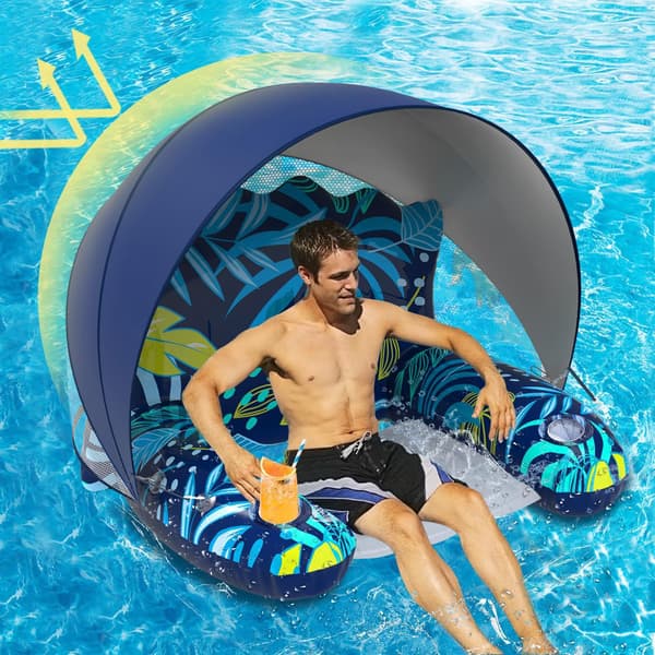 Voksen svømmeringe (med solskærme), swimmingpool, oppustelig madraspool, sofa, blomsterfarve