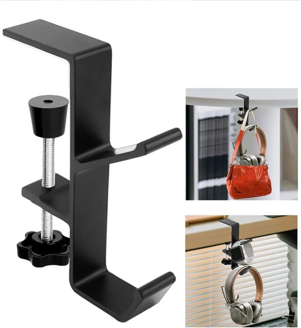 Aluminum Dual Hook Headphone and Backpack Hanger - Under Desk, Universal Gaming Headset Stand - Black