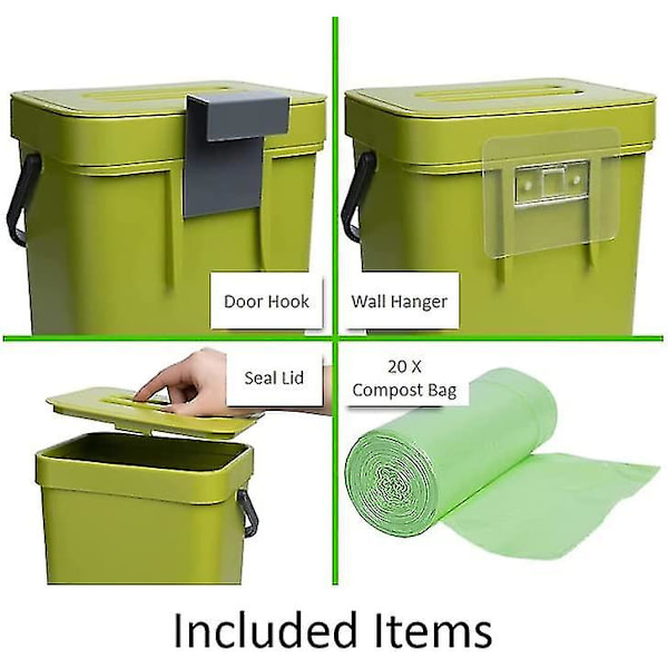 Kök Kompostbehållare, Bänkskiva Behållare, Behållare Med Lock, Kompost Inomhusbruk, 5l, Grön-a