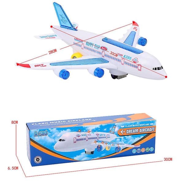 Elektrisk fly med musikk, lys og lyder, lekefly A380, lys, passasjerfly