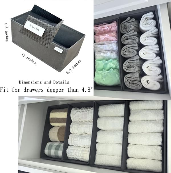 Sock Drawer Organizer 3-Pack - Foldable Fabric Storage Bins for Underwear, Dividers, Small Closet Organizers with 3 Compartments, Grey