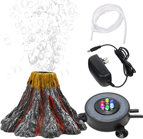 Akvariumdekorasjon - Akvarium - Akvarium Vulkan Dekor Kit - Flerfarget LED-lys, luftstein og luftpumpe tilbehør - Egnet for akvariumdekorasjon