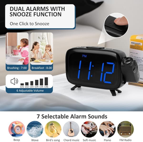 Digital Projection Alarm Clocks for Bedroom - Large LED Display 180° Rotatable Projector 2-Level Dimmer USB Charger Battery Backup Loud Dual Alarms