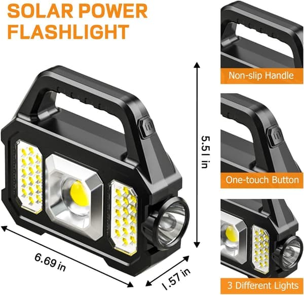 Solar Powered Handheld Flashlight 1000 Lumens Solar or USB Rechargeable Waterproof and Portable.