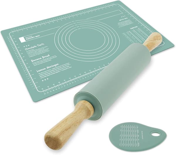 Silikon Bakematte Sett med Kjevle og Deigskrape Varmebestandig Silikon Bakeplate Nonstick Rektangulær Kakematte for Pizzadeig (grønn)