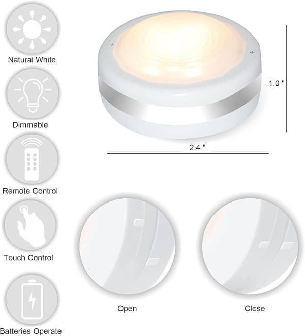 Puck Lights, Battery Operated Lamp with Remote Control, Wireless LED Under Cabinet Lighting, Dimmable Wardrobe Lighting (Natural White 6-pack)