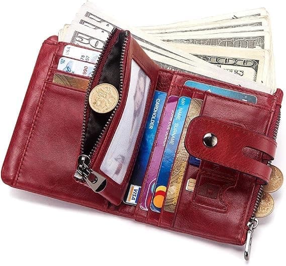 RFID Blocking Bi-fold Wallets for Men with Double Zipper, Coin Pocket and Anti-theft Chain