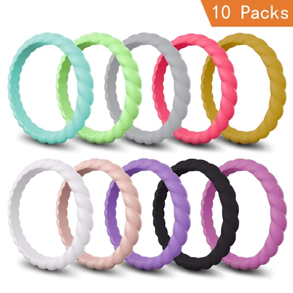 Silikonvigselring för kvinnor, 10-pack tunna och flätade gummiband, fashionabla, färgglada, bekväma, hudvänliga, 10 st