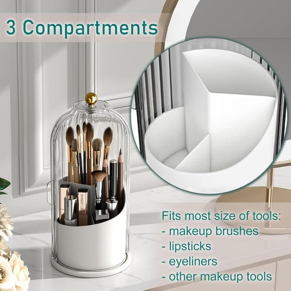 Makeup Brush Holder with Lid Cosmetic Tools Organizer 360 Rotating Waterproof Dustproof Beauty Brush Storage for Dressing Table Transparent