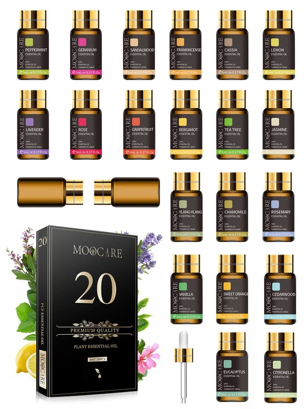Gavesett med 20 rene eteriske oljer – Egnet for diffusere og massasje, samt DIY-lys- og såpelaging; en ideell gave til venner (5 ml).