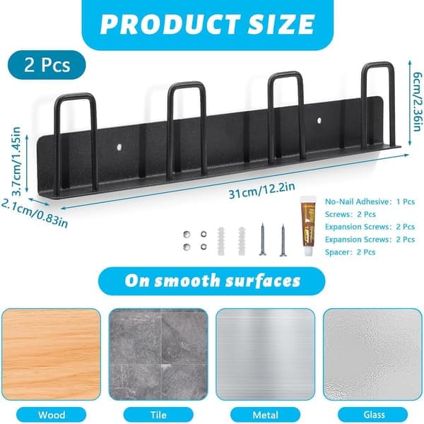 2-pack Drill-Free Wall Mounted Mug Rack with 8 Hooks, Self-Adhesive Metal Cup Holder for Kitchen, Office, Bar Display (Black)