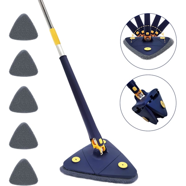 Triangelmopp 360° Rotation, Justerbar Mikrofiber Golvmopp Automatisk Vattenpressning med 5 Mikrofiber Ersättningshuvuden, Enkel Rengöring av Döda
