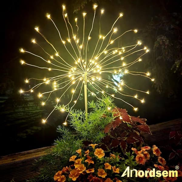 Solar Powered Decorative Outdoor Lights: With Flexible Copper Wire and 120 Firework-Shaped LED Lights - Waterproof Design.