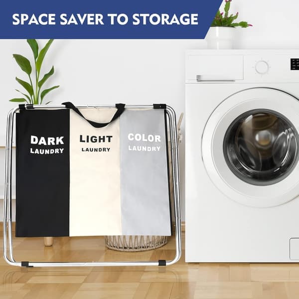 This laundry basket has a foldable design with three compartments and an aluminum frame, making it ideal for use in bathrooms and bedrooms.