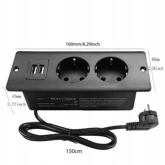 4-in-1 Power Strip - Black - 2 Power Outlets, 2 USB A Ports - 1.5m Cable - Durable with Multiple Safety Features - Hidden Mounting Design