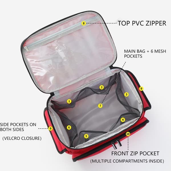 Large First Aid Bag Red Medical Storage Multi-Compartment PVC Interior Elastic Straps Emergency Kit Storage (Red)