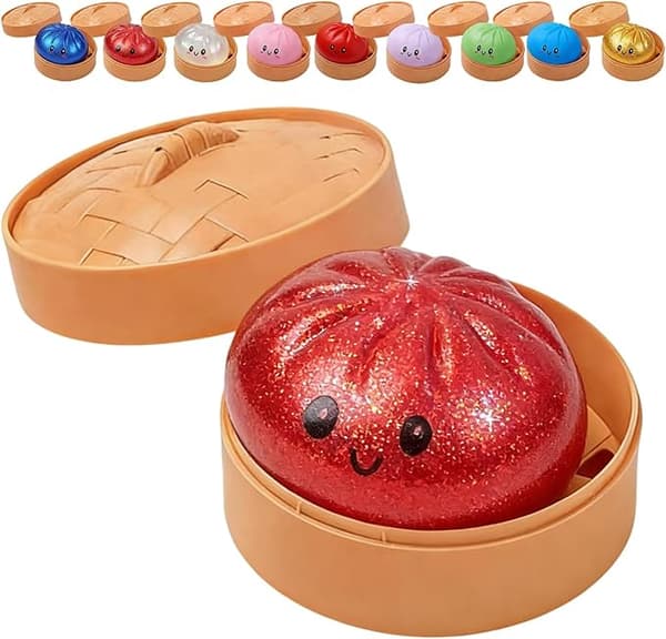 Glitter Dumpling, Glitter Dumpling Squishy med låda, Dumpling Sensorisk Klämleksak för Stresslindring Red