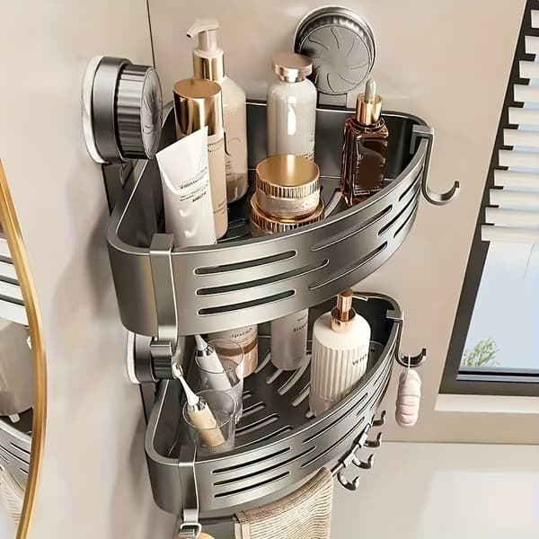 [Bathroom Shelf with Suction Cup] Space-saving Bathroom Shelf with Suction Cup - No Drilling Required, Heavy-duty Triangle Shelf with Hooks, Suitable for Gray