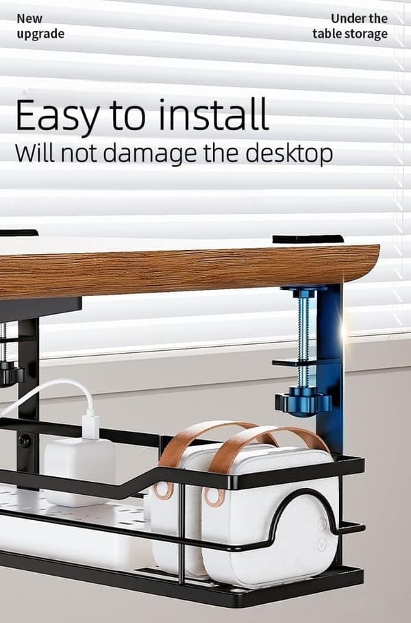 Under-Desk Storage Shelf with Hanging Rack - Drill-Free Carbon Steel Organizer for Office and Kitchen, Space-Saving and Portable