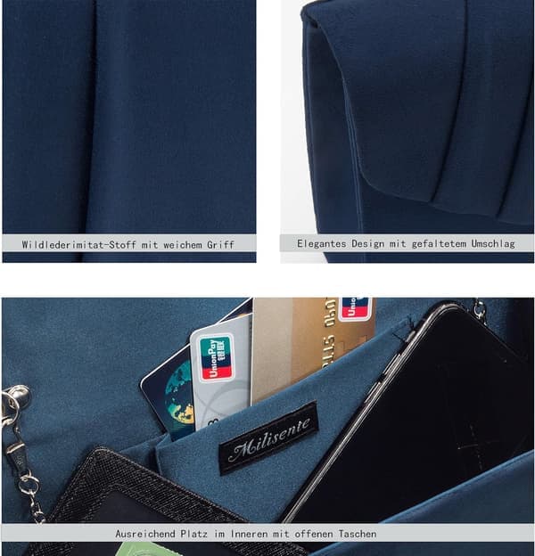 Damkoppling, elegant mocka aftonväska, blå, crossbody