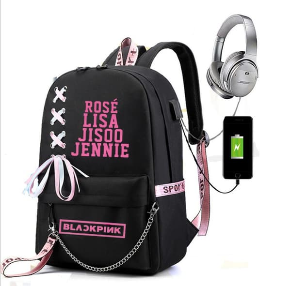 Sort Pink Rygsæk med USB-opladning, Skoletaske til Studerende R