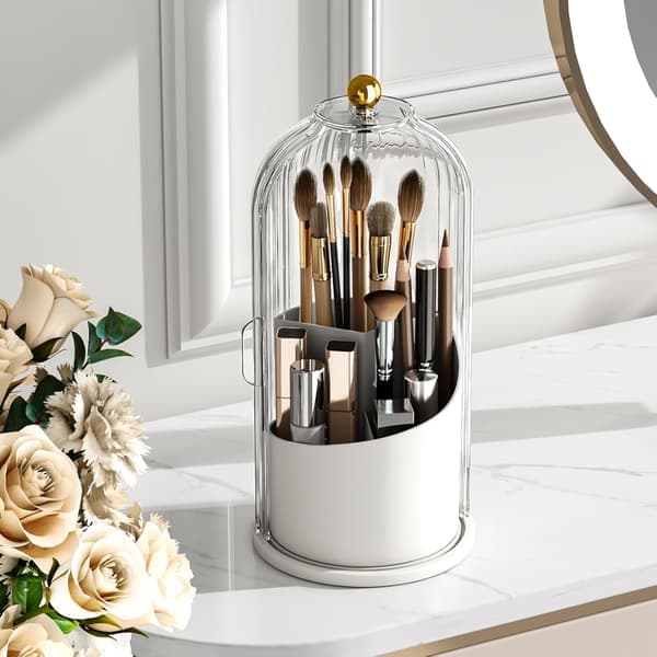 Makeup Brush Holder with Lid Cosmetic Tools Organizer 360 Rotating Waterproof Dustproof Beauty Brush Storage for Dressing Table Transparent
