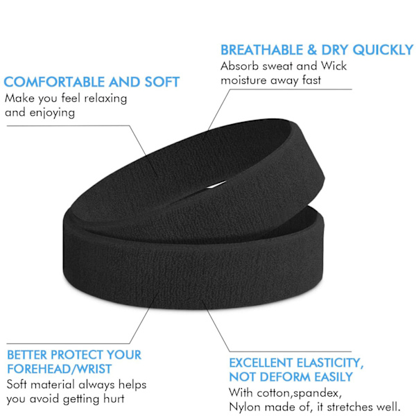 Sweatbands Sports pannband för män och kvinnor - 6 st fukttransporterande atletisk bomullsfrotté pannband för tennis, basket, löpning, gym,