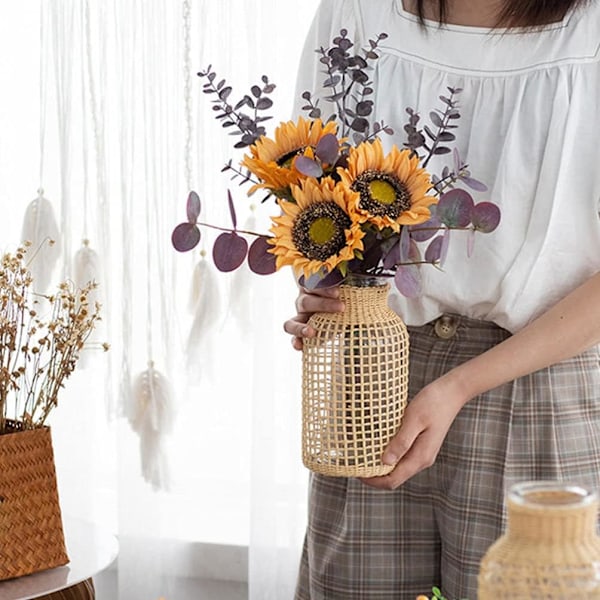 Glasblomvas med rottingöverdrag Blomknoppvas Rund dekorativ blomvas Blombehållare Bondgård Blomflaska för blomsterarrangemang