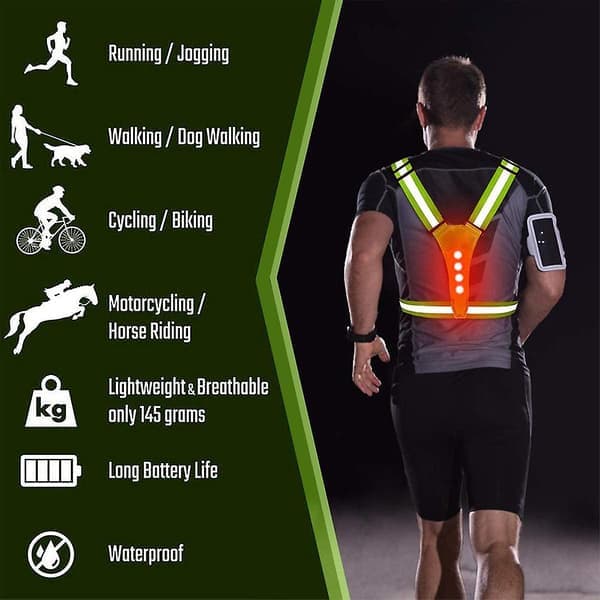 LED refleksvest, USB oppladbar, sikkerhetsutstyr, justerbart LED-løpelys, egnet for menn, kvinner og barn.