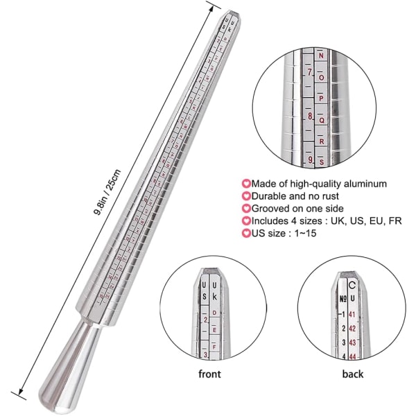 Ringstorleksmätare, aluminiumringmandrel, metallringstorleksmätare, herr- och damfingermätare
