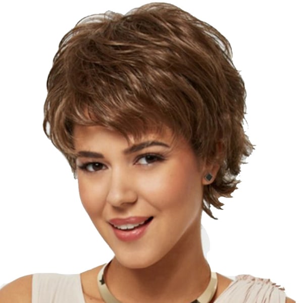 Dam kort brun peruk _ trendig kort lockig peruk brown 28cm