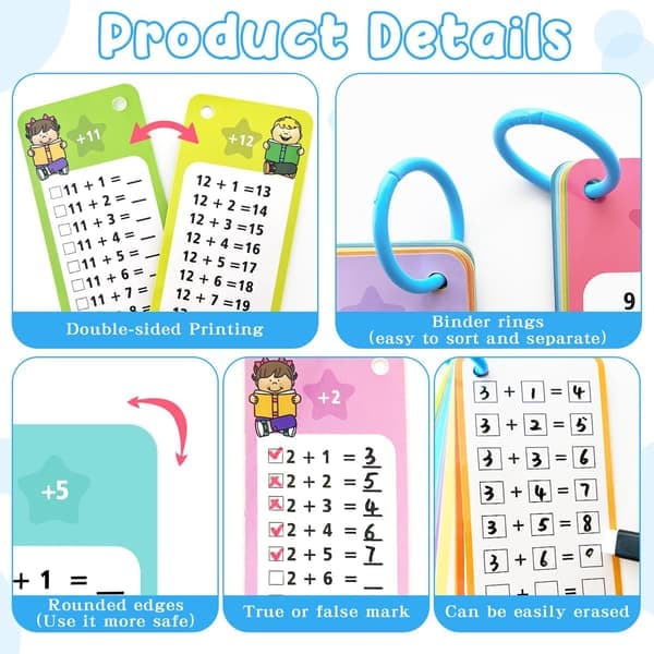 60-pack Multi Math Flash Cards Addition Subtraction Multiplication Division Flashcard med 2 Dry Erase Markers 4 Rings Educational Times Table