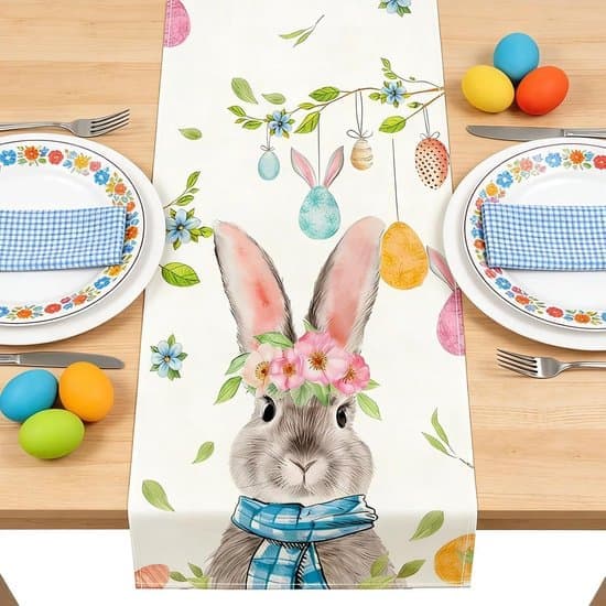 Easter Decoration - Easter Table Runner with Rabbits, Eggs, Flowers and Carrots - 40 x 140 cm Easter Tablecloth - Spring Table Runner