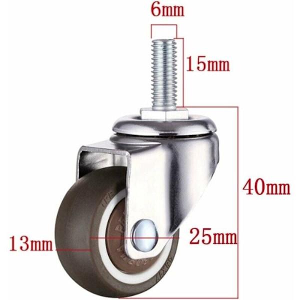 Set med 4 st vridbara möbelhjul - M6 x 15 mm - med 25 mm gänga - mjukt gummi - Tpe-gänga - min möbelhjul (25 mm)