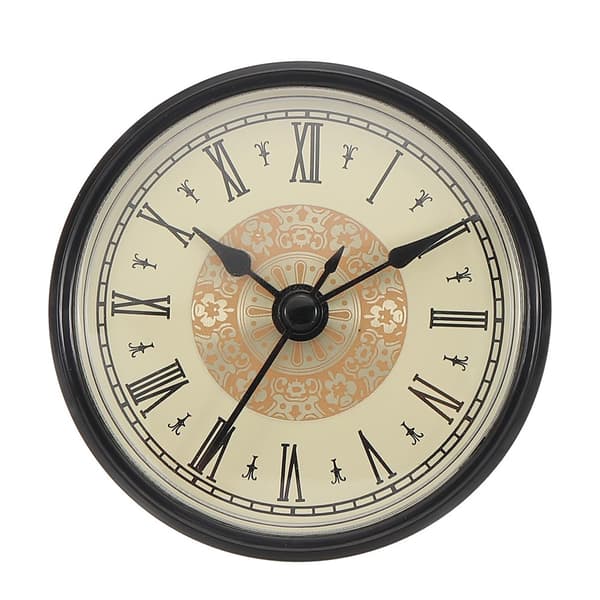 Quartz clock with 70 mm diameter and integrated dial, craft item, black dial with Roman numerals.